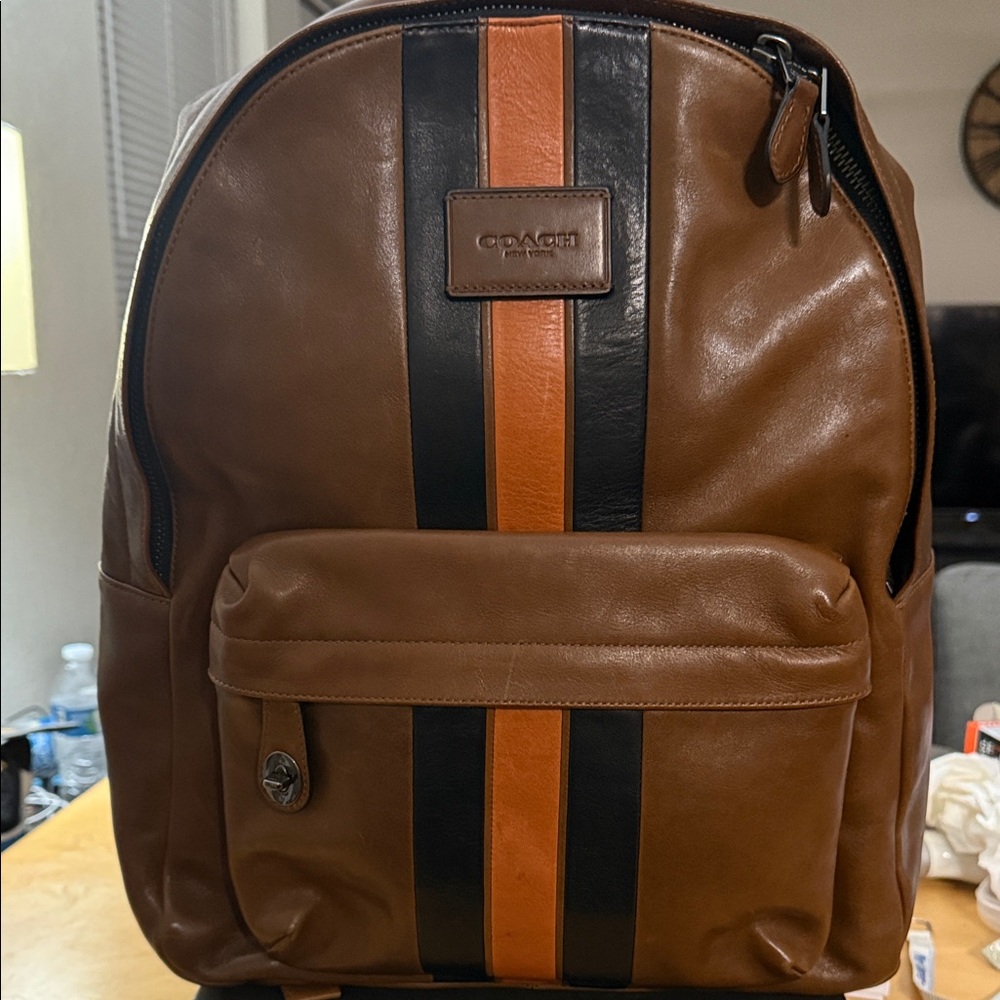 Coach Leather Backpack with Orange and Black Stripes